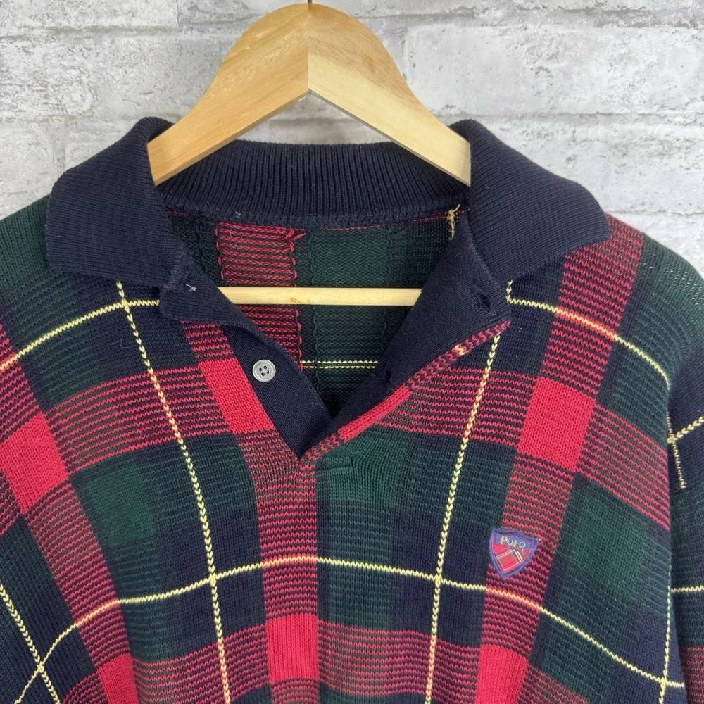 Vintage POLO RALPH LAUREN Scottish Red Tartan Plaid Heritage'Sweater Shield Logo